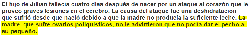 Extracto noticia bebé muere por deshidratación sin que la madre se percate